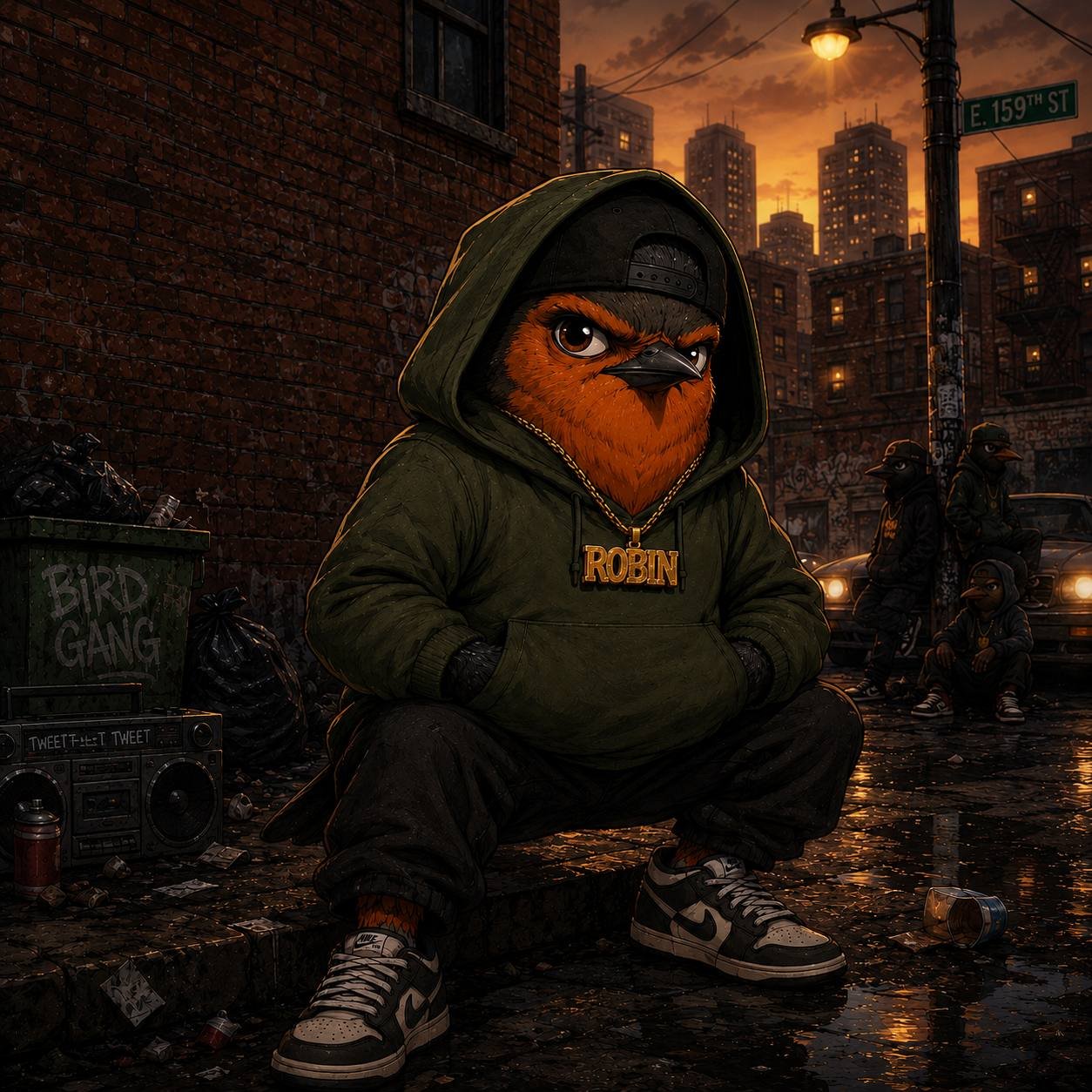 Ghetto Robin crouching in the alley