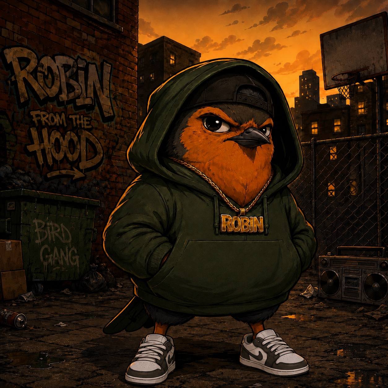 Robin from the Hood standing by Bird Gang dumpster